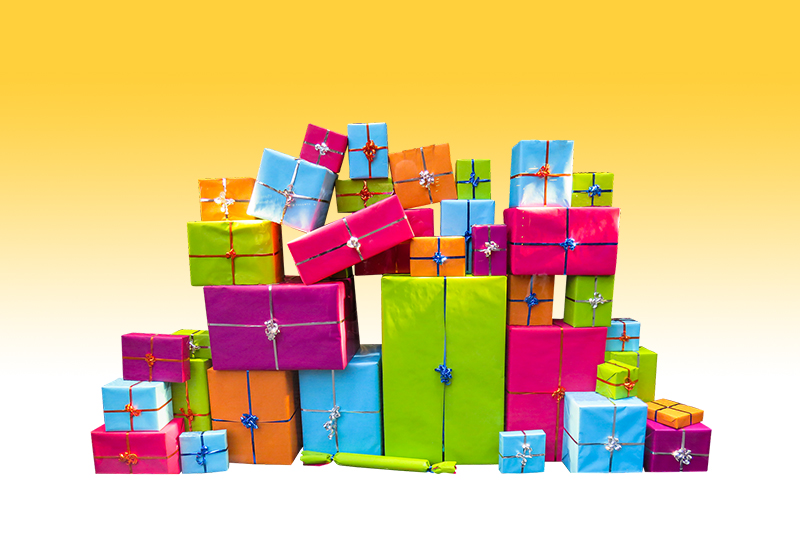 b2bcards corporate christmas eacrd ref:b2bcards-multicolour-presents-yellow.jpg, Presents, Colours,Blue,Pink,Green,Orange,Purple,Yellow